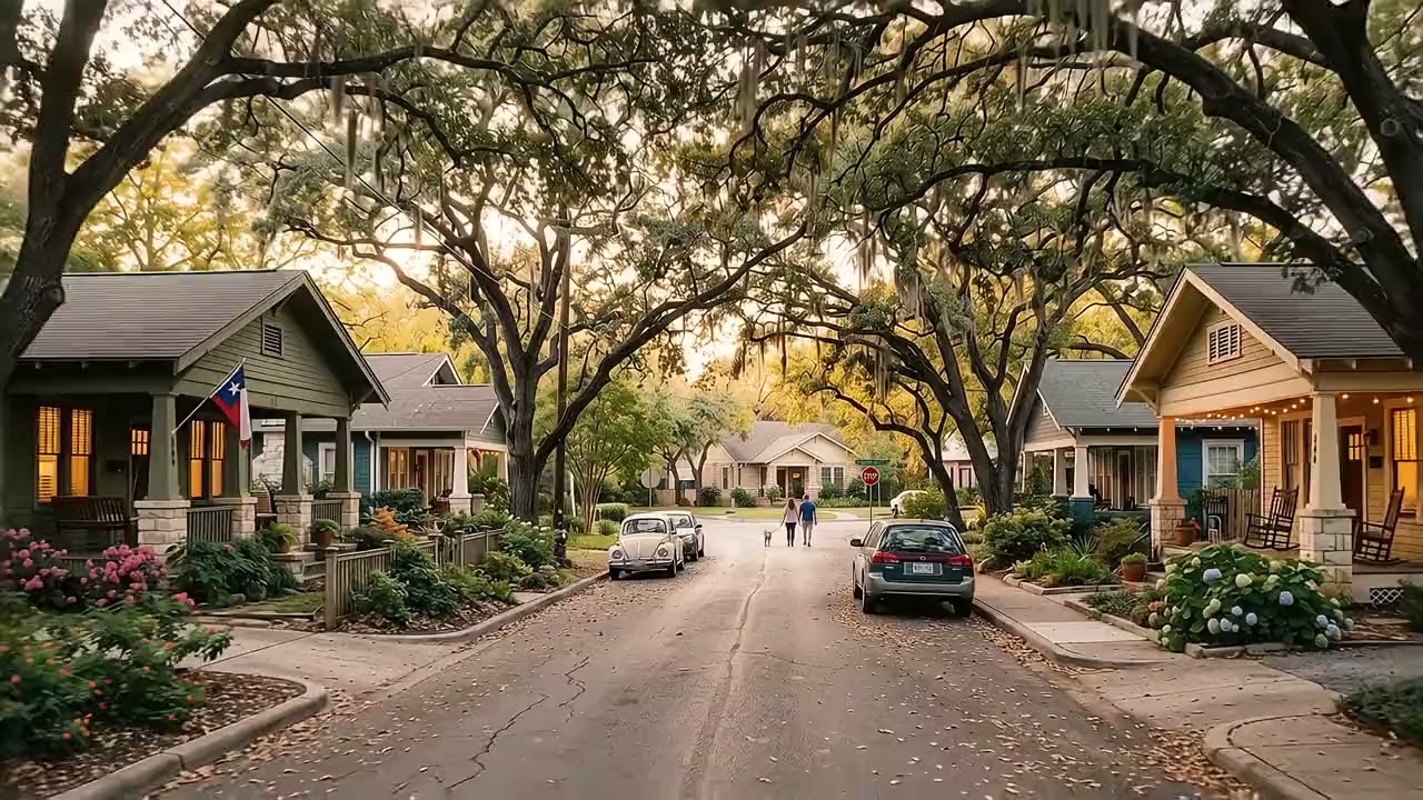 A lit front porch at dusk in an Austin-area neighborhood