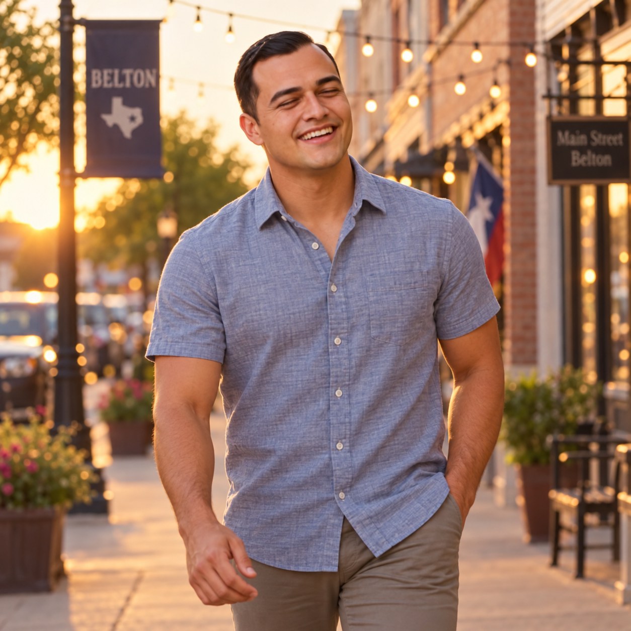 Luis walking a Belton street at golden hour